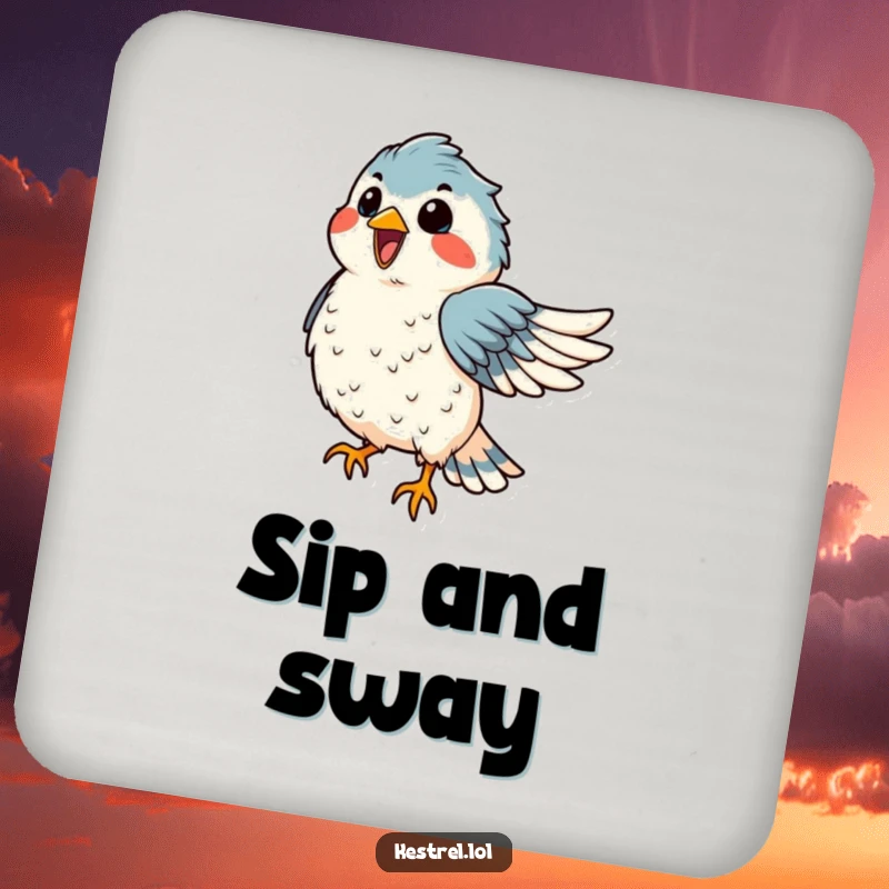 Funny kestrel coaster with a delighted bird dancing in the wind, feathers ruffled, ideal for protecting surfaces humorously.