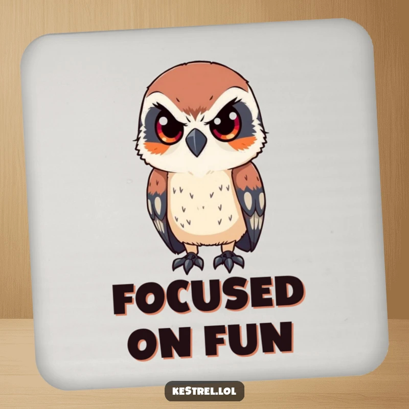 Funny drink coaster featuring a kestrel character looking intently with sharp eyes, protecting surfaces with humorous bird-lover charm, perfect for a funny gift.