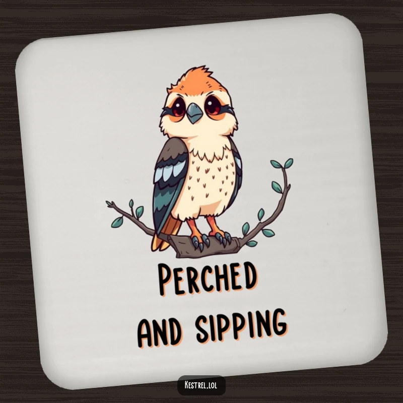 Funny kestrel drink coaster with a proud bird of prey character observing from a high vantage point, protecting surfaces with humor.