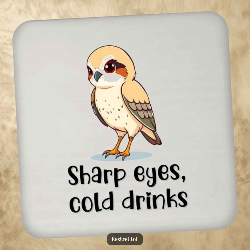 Funny drink coaster featuring a kestrel character with sharp eyes, scanning the ground below, symbolizing vigilance.