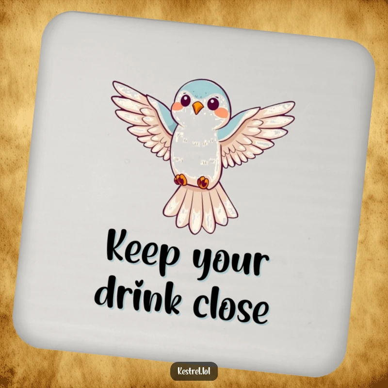 Funny kestrel hovering coasters, set of bird-themed coasters protecting surfaces with cheerful flight.