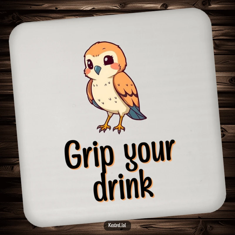 Funny kestrel coaster with a smiling bird squinting its eye in a hunting pose, ideal for protecting surfaces humorously.