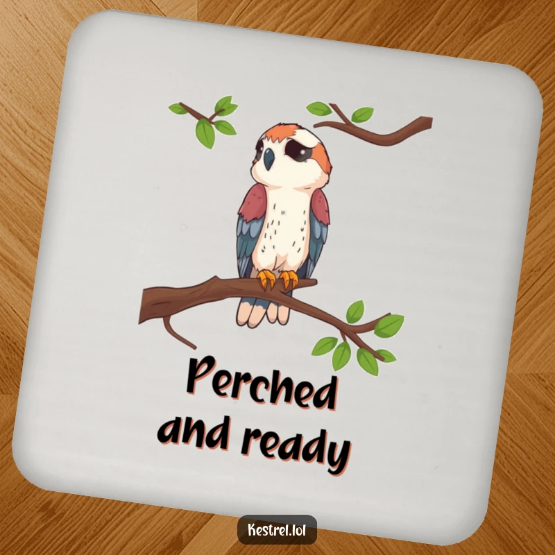 Funny Kestrel Perched Coaster depicting a kestrel on a branch, providing humorous protection for furniture.