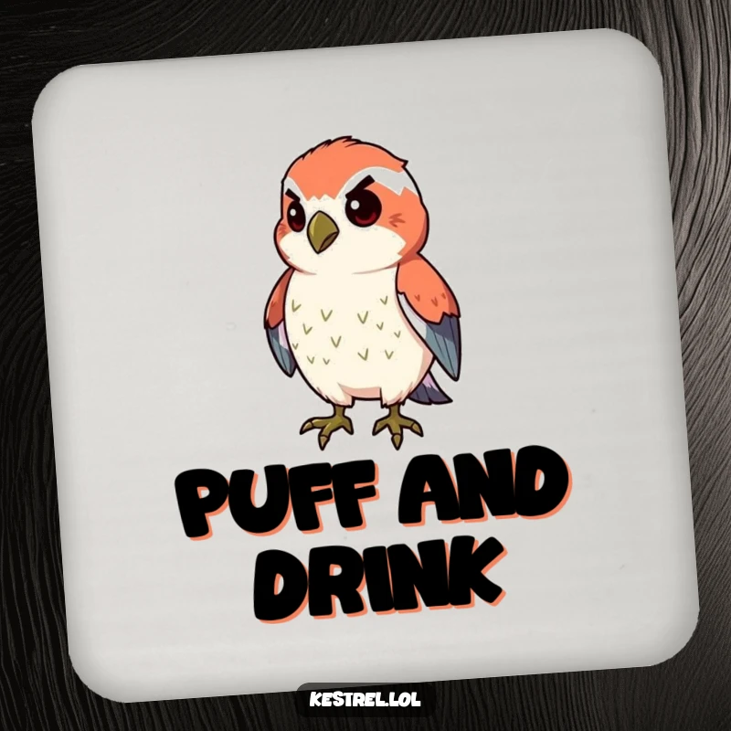 Funny proud kestrel coaster showing a kestrel character puffing its chest, offering determined protection.