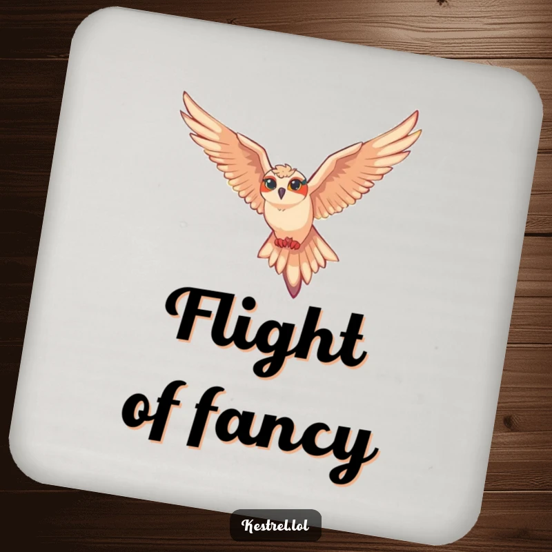 Funny kestrel coaster featuring a kestrel character gliding effortlessly on air currents, protecting surfaces with style.