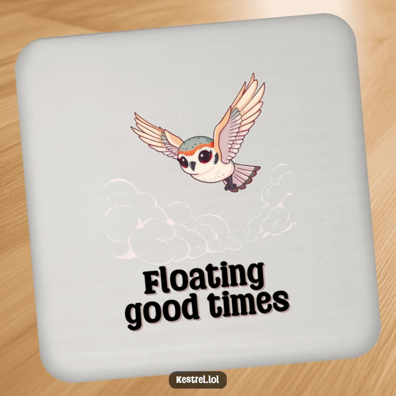 Funny tiny kestrel coasters showing a cute bird with exaggerated eyes diving through clouds, protecting tables with humorous whimsy.
