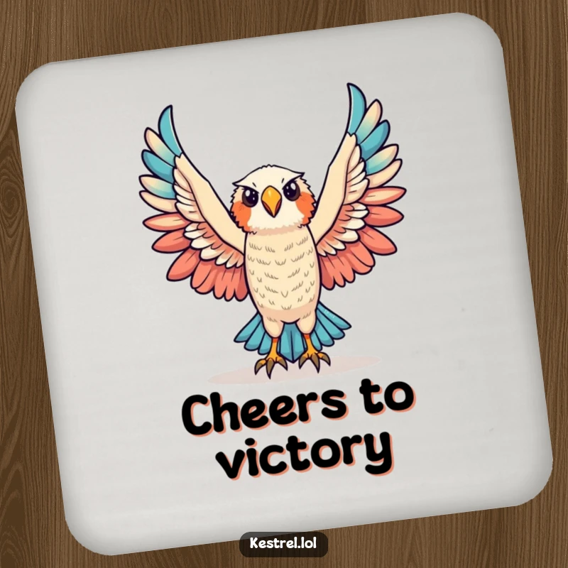 Funny triumphant kestrel coaster featuring a kestrel character raising its wings in victory, offering stylish protection.