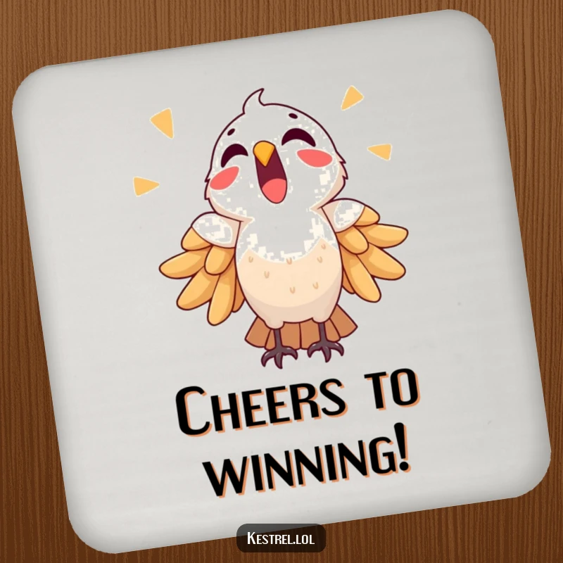 Funny triumphant kestrel drink coaster, showing a bird celebrating with a cry, a small yet bold accessory.