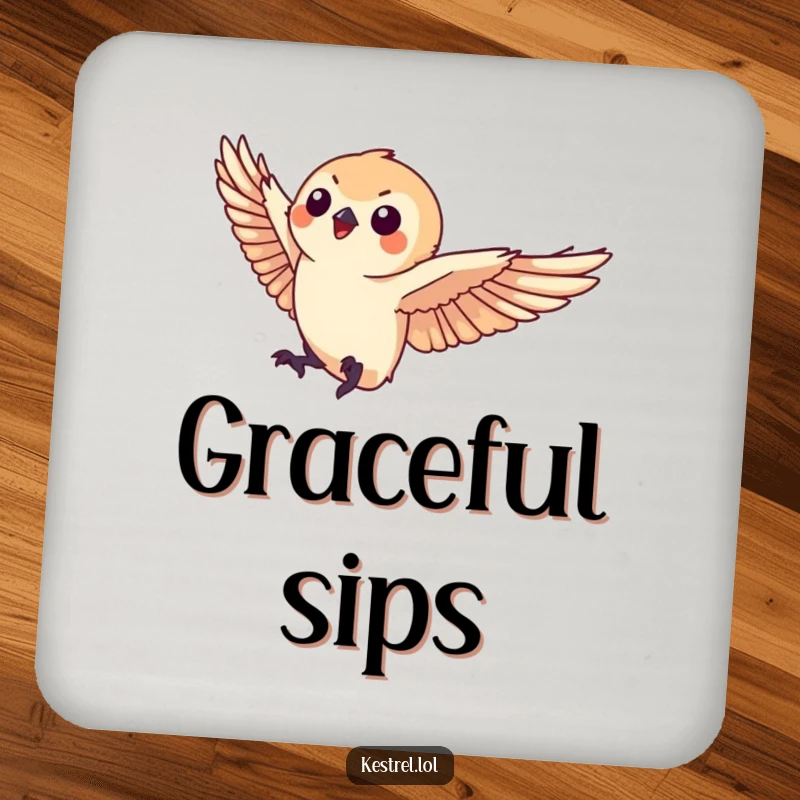 Funny kestrel coaster showing a small kestrel character landing gracefully, a chic and humorous addition to any table.