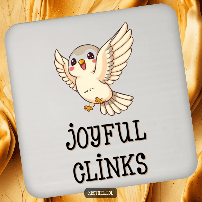 Funny kestrel coaster showing a joyful kestrel character swooping playfully, a fun and humorous addition to any table.