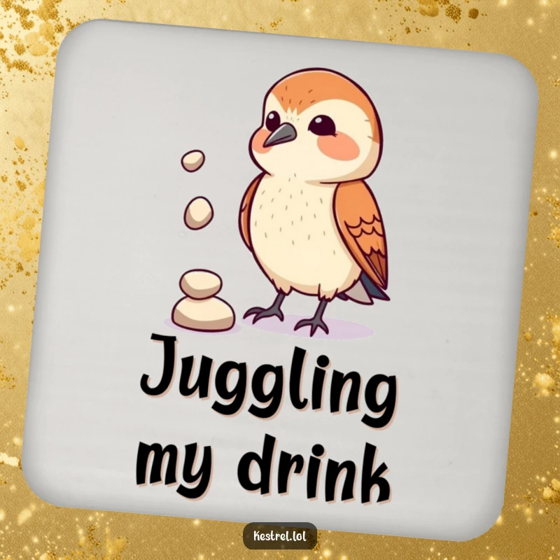 Funny Kestrel Juggler Drink Coaster: A kestrel comically juggles pebbles, protecting surfaces with humor. Stylish and amusing home accessory.