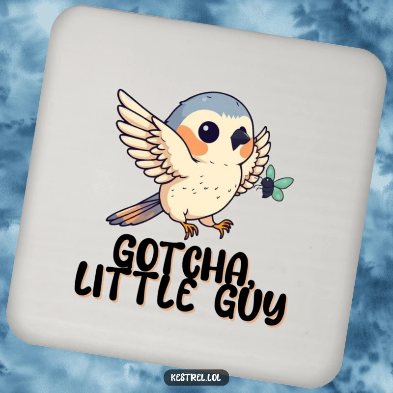 Funny kestrel coasters featuring a bird catching an insect mid-air, protecting surfaces with humor, a unique bird-themed gift.
