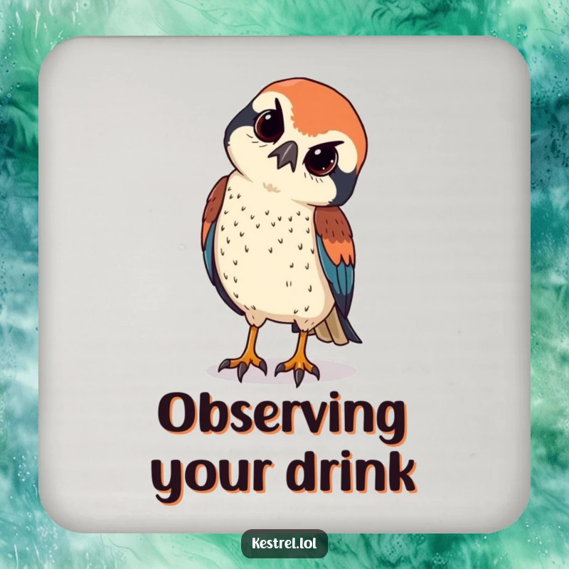 Funny kestrel tilts its head curiously, sharp eyes observing below, on protective drink coasters.