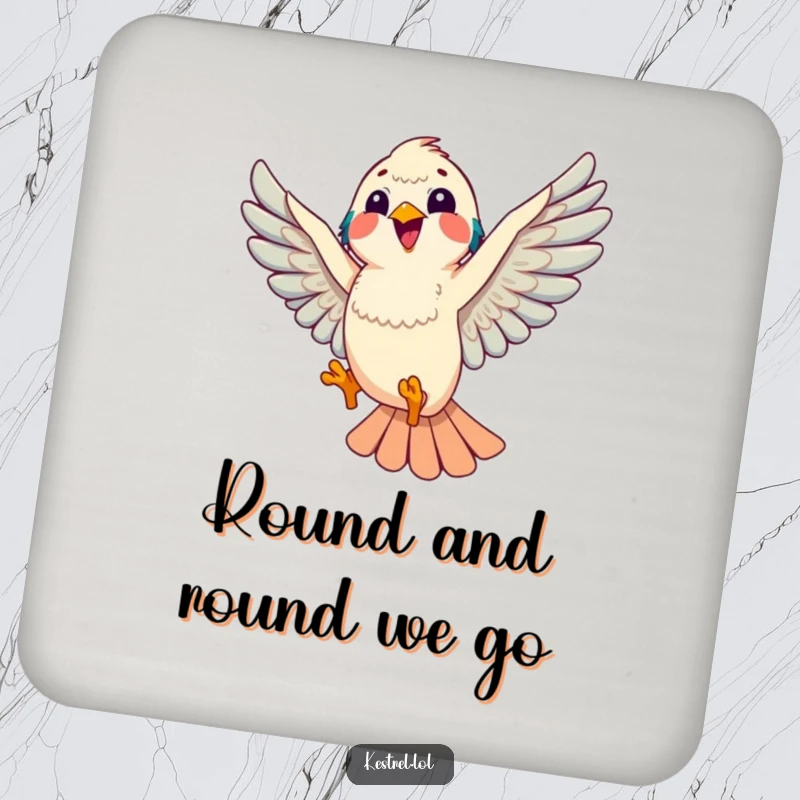 Funny kestrel coasters featuring a kestrel doing a playful aerial loop, protecting surfaces with humor, a unique bird-themed gift.