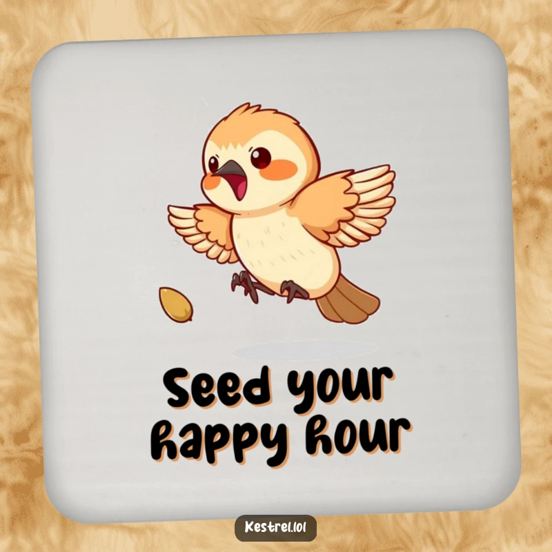 Funny Kestrel Coaster: A playful kestrel humorously chases a bouncing seed, protecting surfaces with energetic fun.