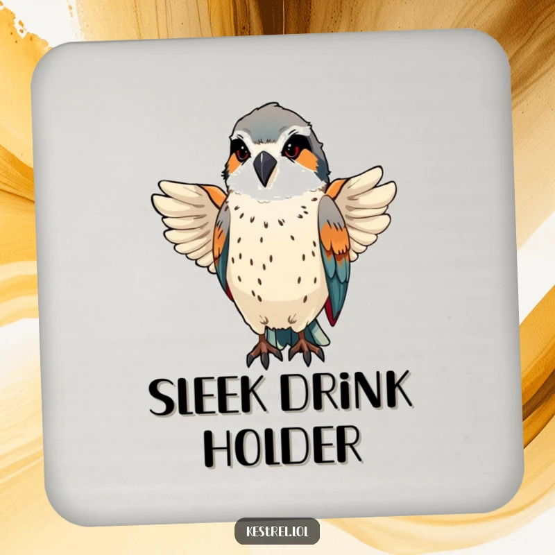Funny kestrel preens sleek feathers with a proud, focused expression, on protective drink coasters.