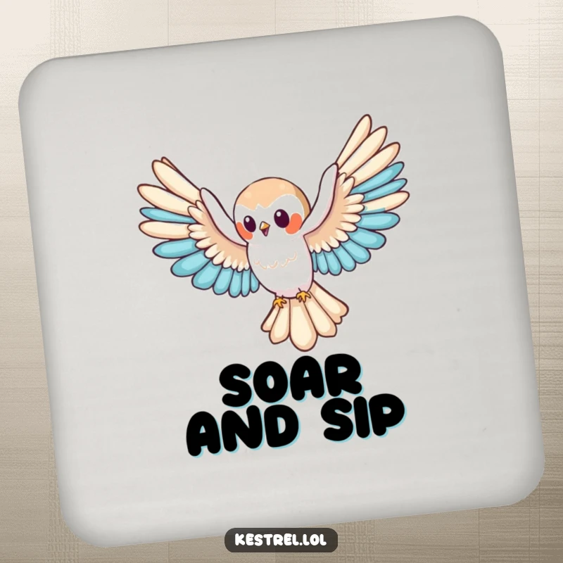 Funny kestrel drink coaster with a cute character gliding, adding a touch of serene charm and surface protection, a cute funny gift.