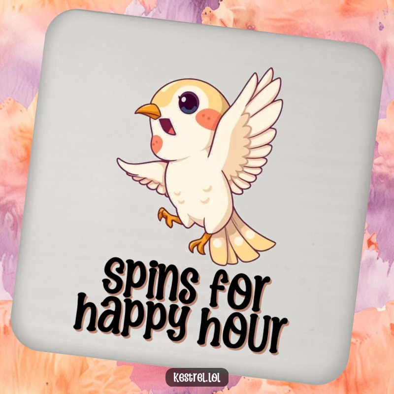 Funny kestrel coaster, playful bird character doing a loop in the sky, protective tabletop accessory, humorous barware.