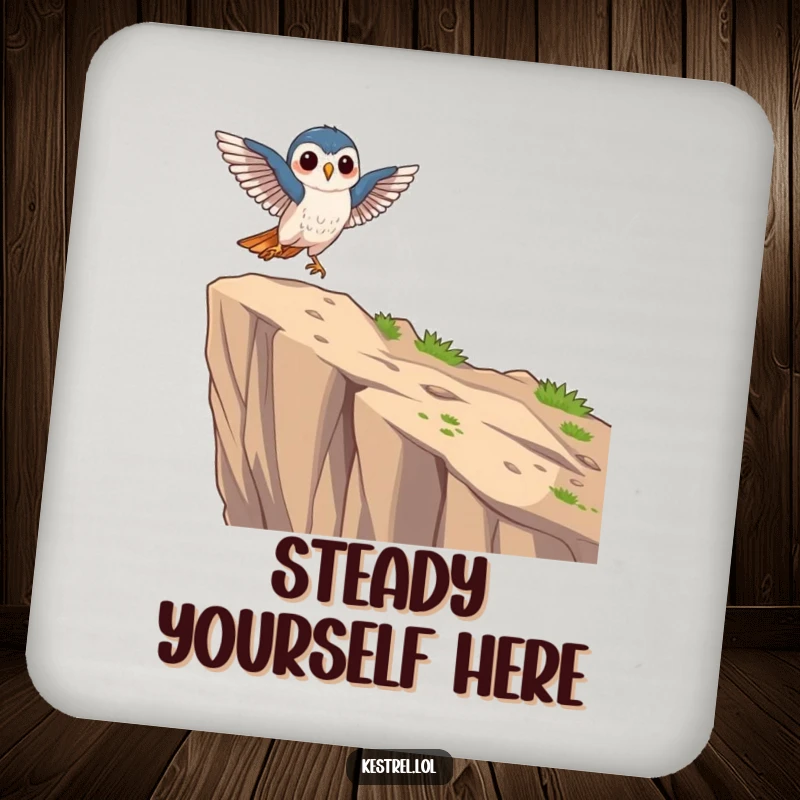 Funny focused kestrel coaster featuring a kestrel character's graceful landing on a cliff edge, offering stylish protection.