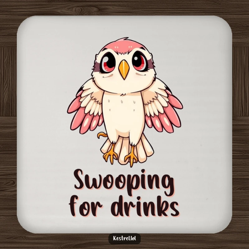 Funny kestrel drink coaster with a bird of prey in a dramatic, wide-eyed swoop, protecting surfaces with humorous style.