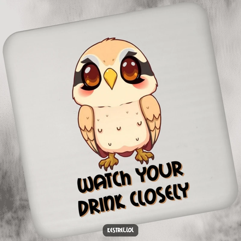 Funny kestrel coaster set with a smiling character intently watching from above, protecting furniture with adorable and humorous flair.