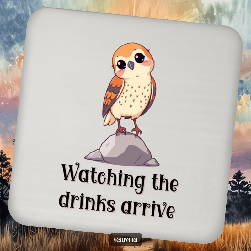 Funny curious kestrel drink coaster, showing a bird tilting its head, a small but humorous addition to any table.