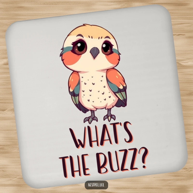 Funny kestrel drink coaster featuring a bird observing with intense focus, adding humorous protection to surfaces, a great gift.