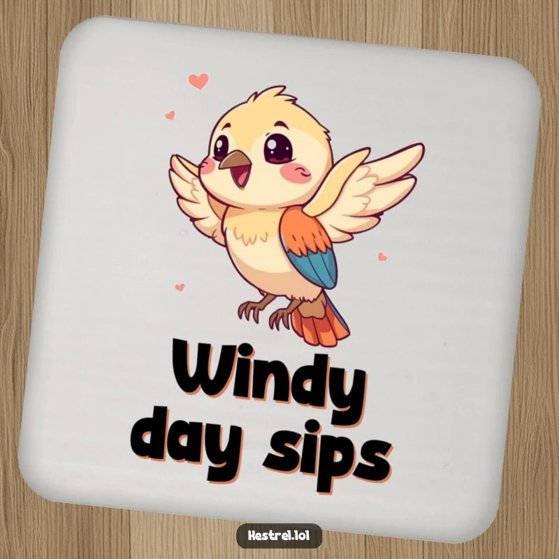 Funny kestrel coaster displaying a gleeful bird character riding a playful breeze, protecting furniture with humorous charm.