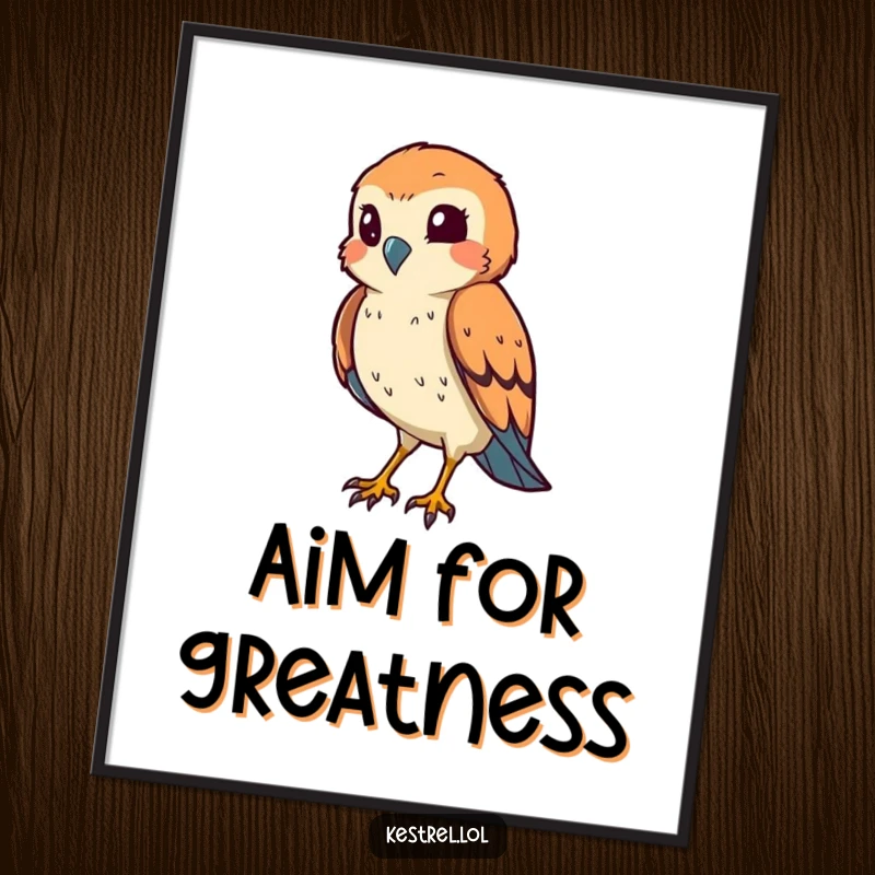 Funny kestrel poster showcasing a smiling bird squinting its eye in a hunting pose, adding playful predator art.