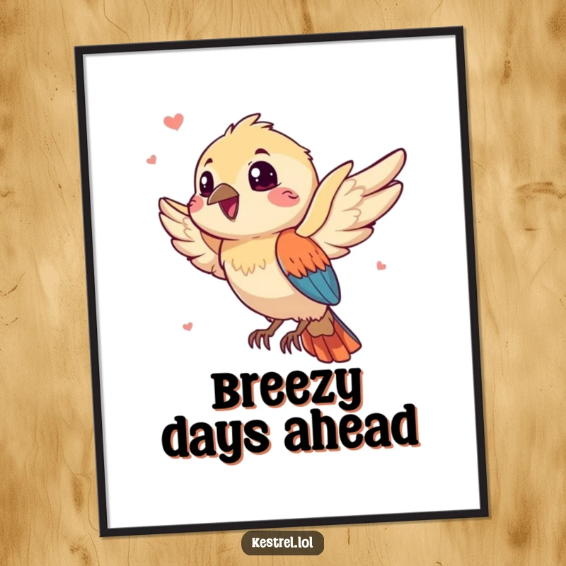Funny kestrel poster featuring a gleeful bird character enjoying a playful breeze, a hilarious and uplifting wall art piece.