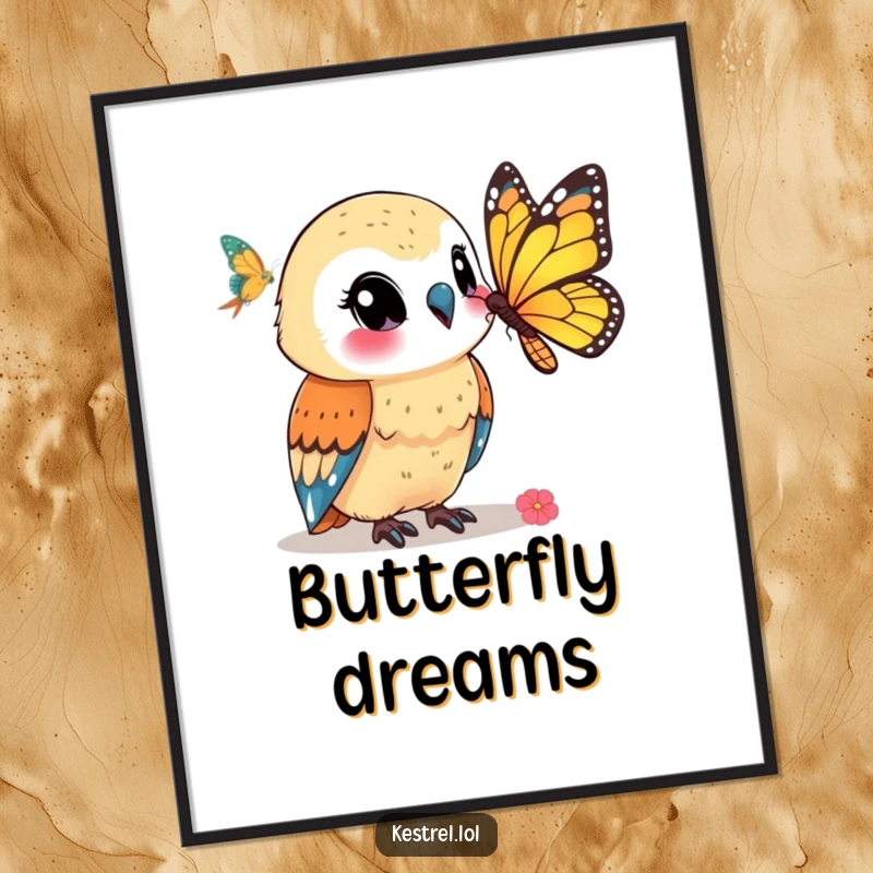 Funny kestrel poster showing a smiling kestrel character observing a butterfly, creating a peaceful and humorous wall display.
