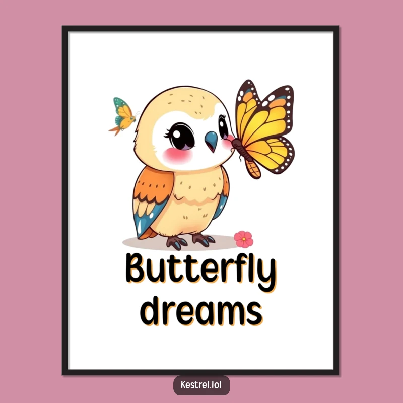 Funny Kestrel Poster: Smiling at Butterfly - Whimsical Wall Art Gift