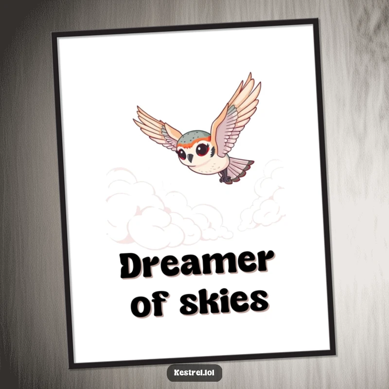 Funny tiny kestrel poster featuring a cute bird with exaggerated eyes gracefully diving through fluffy clouds, radiating humorous fantasy.