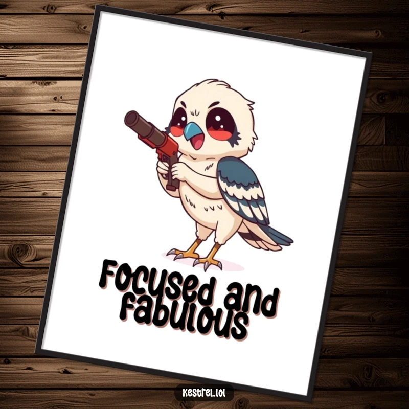 Funny kestrel poster illustrating a smiling bird character hunting with focused delight, a captivating and humorous piece of wall art.