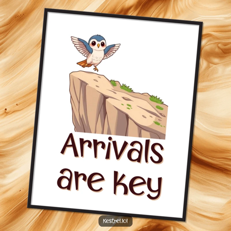 Funny focused kestrel poster showing a kestrel character landing gracefully on a cliff edge, embodying focus and skill.