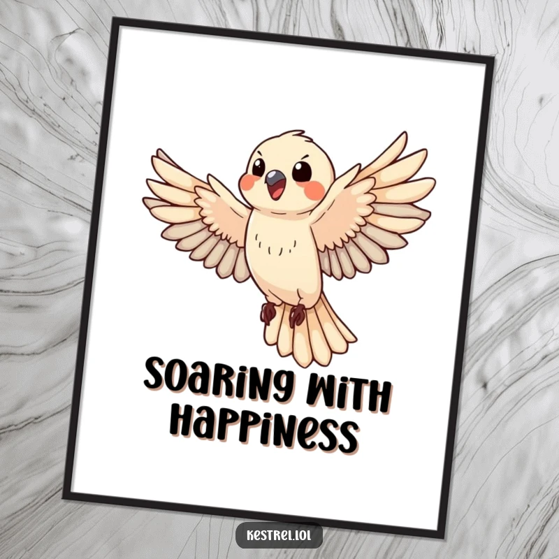 Funny happy kestrel poster, a dynamic depiction of a bird flapping wings in joyous flight, uplifting art.