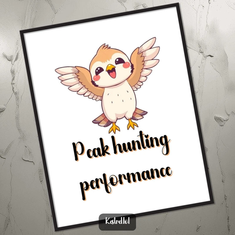 Funny kestrel poster of a joyful bird celebrating a successful catch with wide open wings. Vibrant and humorous art.