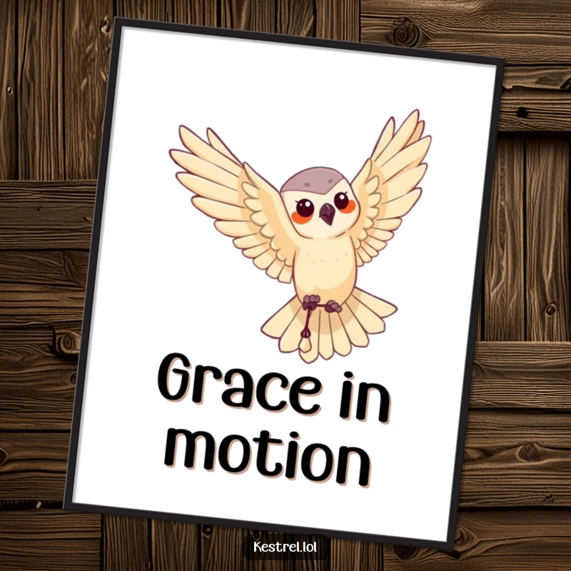 Funny poster print of a kestrel character executing a graceful aerial maneuver, perfect for artful decor.