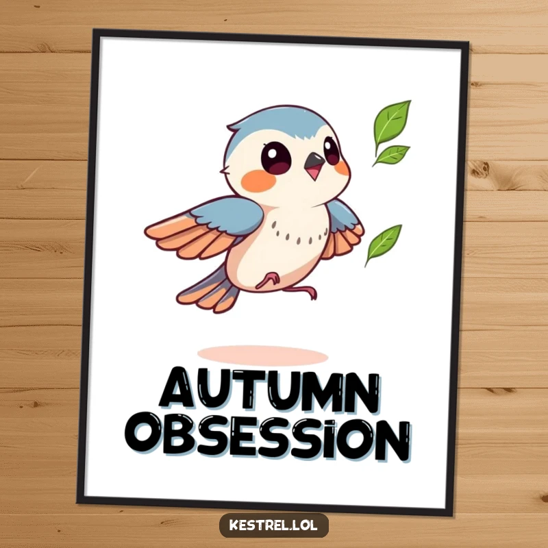 Funny kestrel poster showing a bird playfully chasing a fluttering leaf, a humorous and joyful depiction of autumn fun, great gift.