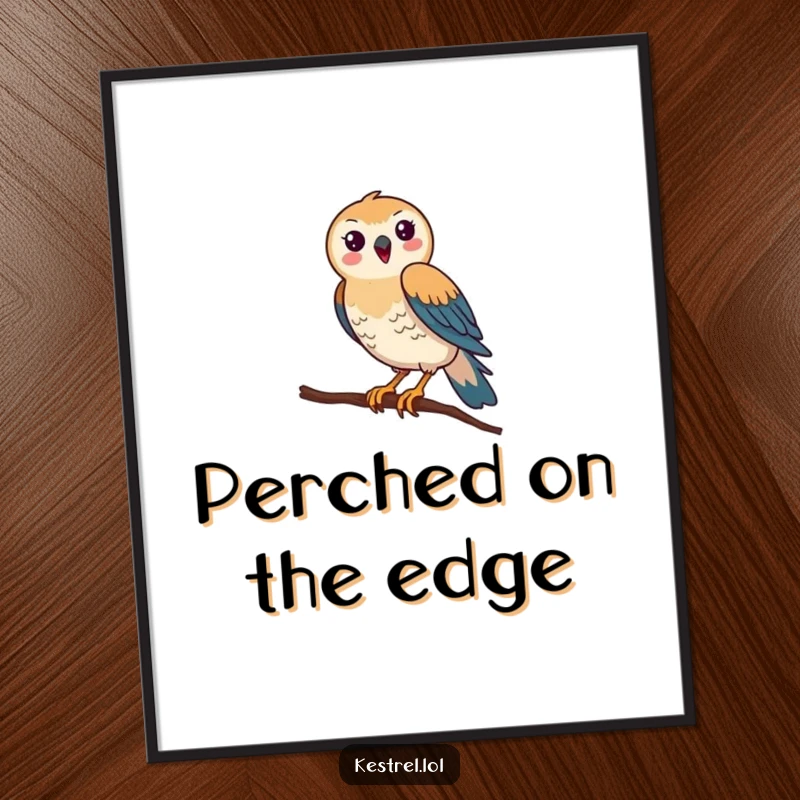 Funny Kestrel Poster: A happy kestrel comically tries to balance on a slender branch, its pose conveying maximum humor and delight.