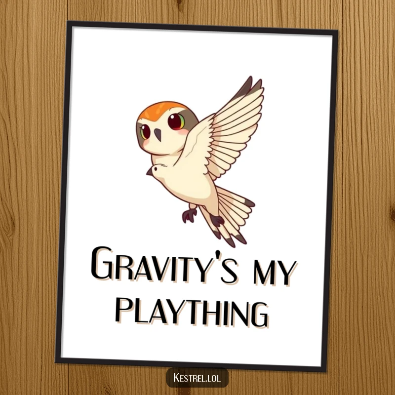 Funny kestrel poster illustrating a kestrel banking sharply in the sky, creating a dynamic and humorous piece of wall art for bird lovers.