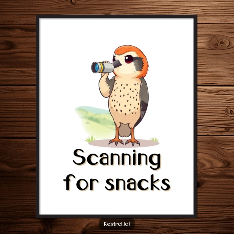 Funny kestrel poster featuring a curious bird with tiny binoculars scanning a distant landscape. Humorous wall art.