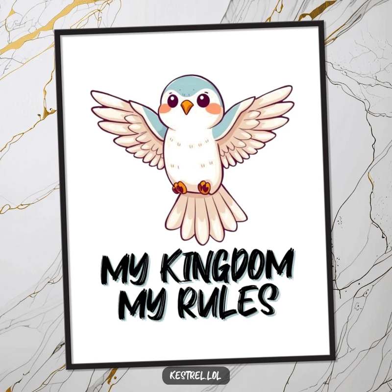 Funny kestrel hovering poster, illustrating a happy bird with wings wide, looking down; perfect wall art for bird lovers.