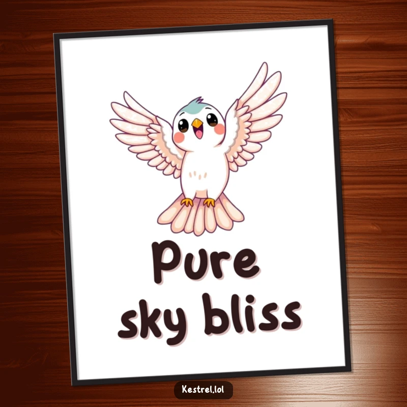 Funny kestrel poster showing a bird joyfully soaring with wings spread wide, a humorous depiction of freedom and happiness, great gift.