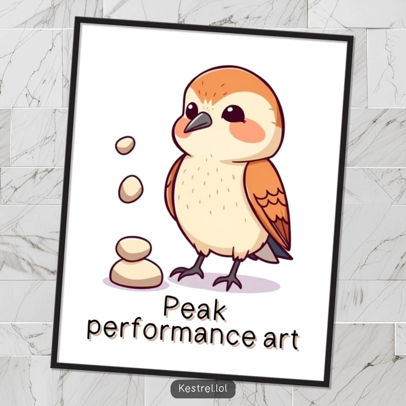 Funny Kestrel Juggler Poster: A kestrel character comically attempts to juggle three small pebbles, framed for humorous display. Whimsical wall art.