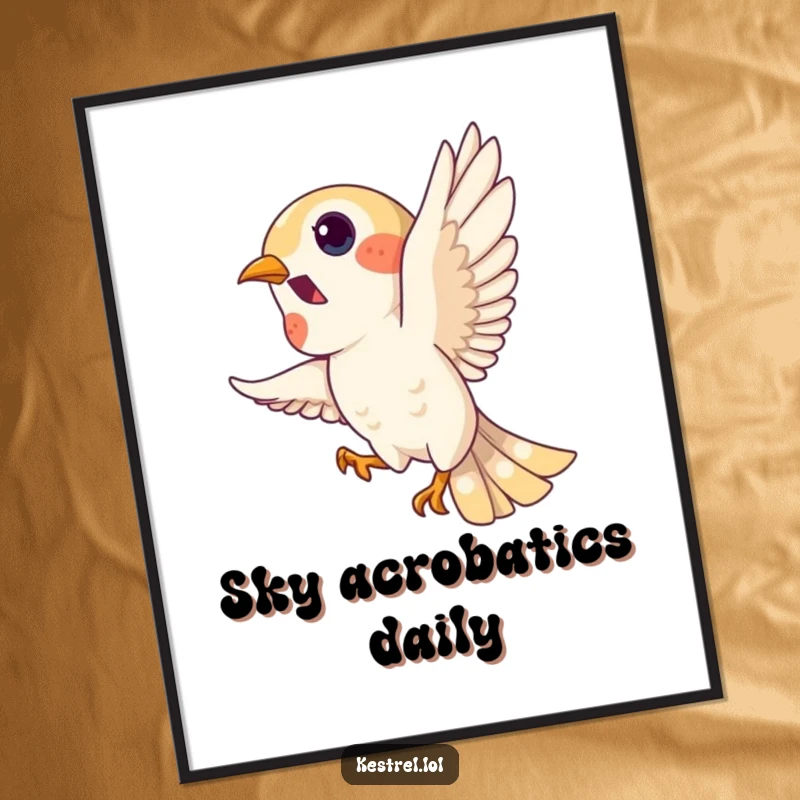 Funny kestrel poster, playful bird character doing a loop in the sky, vibrant and energetic wall art, humorous decor.