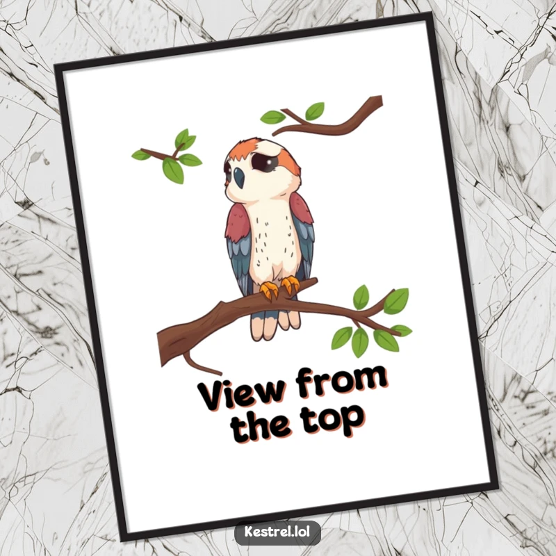 Funny Kestrel Perched Poster showcasing a kestrel on a high branch, offering elegant and humorous wall art.
