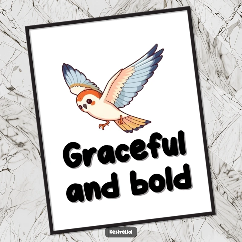 Funny kestrel poster depicting a playful bird gracefully diving through the air, showcasing agility and fun.