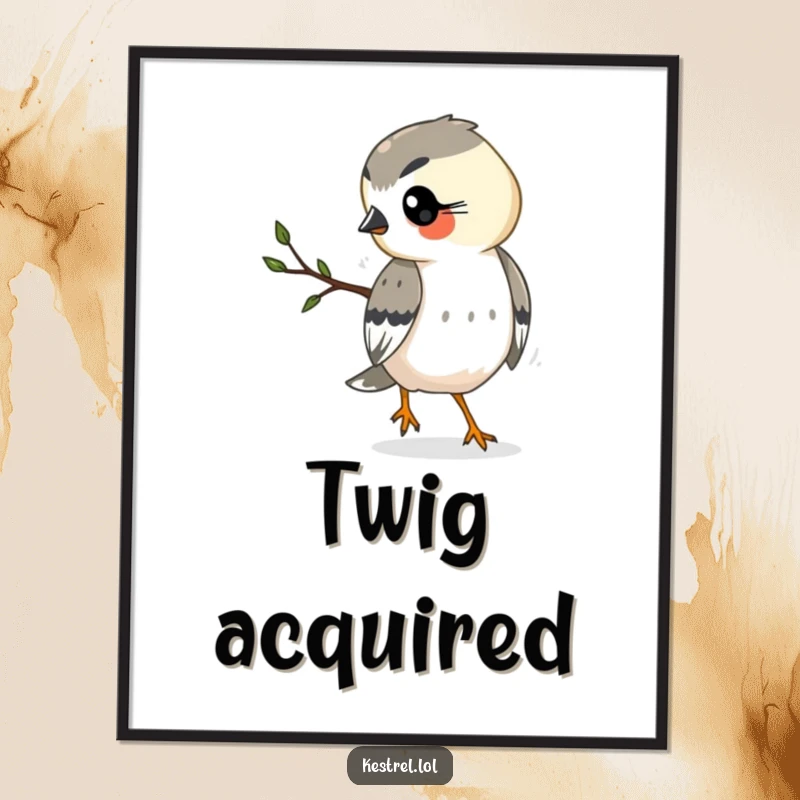 Funny kestrel poster featuring a busy kestrel carrying a small twig, adding a touch of humor to any room.