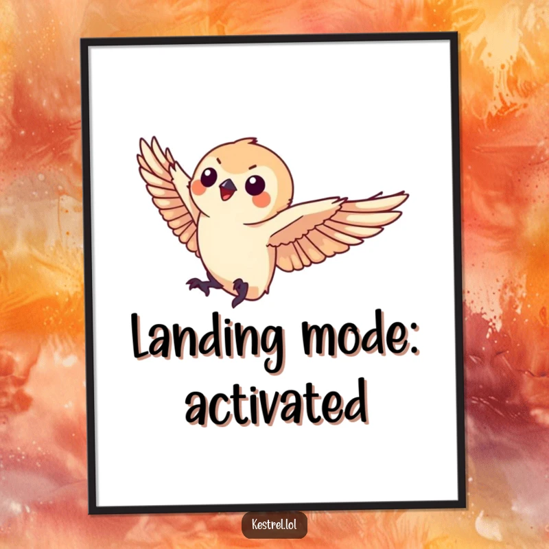 Funny kestrel poster showing a small kestrel character landing gracefully, adding an artistic and humorous touch to decor.